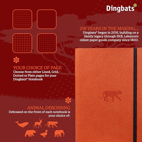 Dingbats* Wildlife Dotted Writing Journal Notebook A5 - Vegan Leather Softcover - Ideal for Work, Travel - Pocket, Elastic Closure, & Bookmark - color: Orange Tiger, style: Dotted (Softcover)