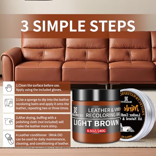 SHADAIWUYU 8.5oz Leather Recoloring Balm with 100ml Mink Oil,Light Brown Leather Repair kit for Furniture and Car Interior,Leather Couch Scratch Repair,Leather Dye Paint,Mink Oil for Leather - color: Light Brown, size: Leather Recoloring Balm+Mink Oil