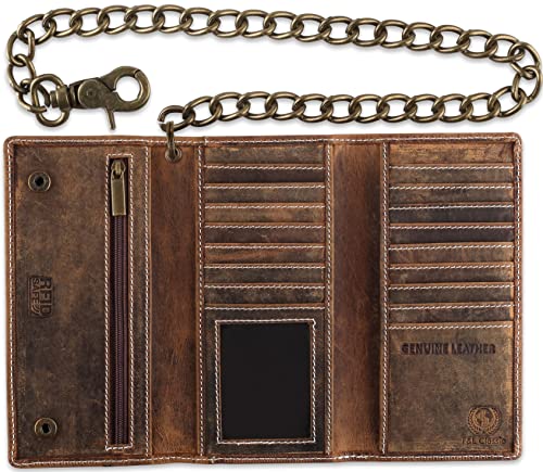 F&L CLASSIC Chain Wallets for Men buffalo premium leather RFID blocking long style Tri-fold for Trucker, bikers, vintage look,buff hunter White stitching,212 - color: buffalo vintage leather W/ White stitching