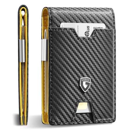 GSOIAX Men's Slim RFID Blocking Leather Wallet with Money Clip | Minimalist Carbon Fiber Bifold Credit Card Holder | 11 Card Slots | Gift Box Included(Carbon Yellow) - color: Carbon Yellow