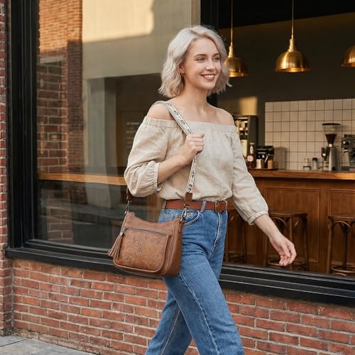 Crossbody Bags for Women, Medium Vegan Leather Purses | Large Capacity Multi-Pocket Embossed Shoulder Bag with Boho Strap for Daily Travel - color: Brown