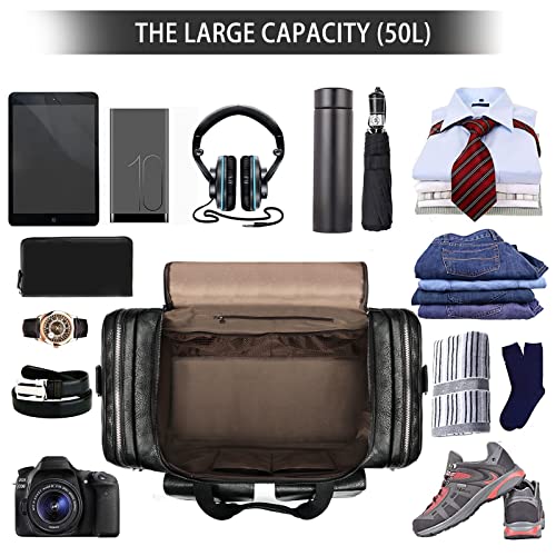 BOLOSTA Travel Duffel Bag for Men Women, Large PU Leather Carry on Duffle Bags for Traveling, Waterproof Overnight Weekender Duffel Bag with Shoe Compartment - Perfect for Daily Use/Birthday Gift - color: Black