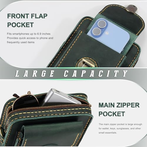 Handmade Leather Phone Holster Purse with Belt Loop, Small Crossbody Bag for Women Men, Phone Pouch With Card Wallet - color: Green