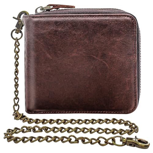 boshiho Genuine Leather Bifold Chain Wallet for Men RFID Blocking - color: Coffee 02