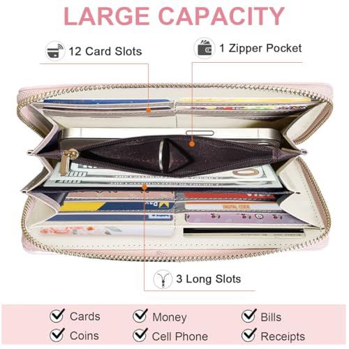 Floral Print Coquette Bow Long Wallet for Women (LONG-PINK) | Clutch Wallet, Phone Holder, Coin Pocket, 12 Card Slots - color: LONG-PINK