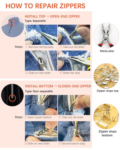 Zipper Repair Kit for YKK #10 Heavy Duty Nylon Zipper Chain 5 Yards | 8 Pull-Tab Sliders (4 Long Pull & 4 Double Pull), Stops, For Outdoor Gear Repair, DIY, Boat Covers, Camping Gear - color: 10#-9 Pcs