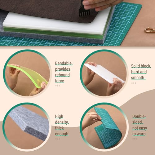 4 Pcs Leather Punch Pads+14 Sizes Leather Corner Punch, Cutting Mat, Sound Absorbing Pad and A4 Self Healing Cutting Mat, Half-Round Punch Set with Double Sided Nylon Hammer for Belts, Purses and Etc