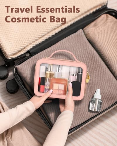 Soimeat Clear Makeup Bag, Portable Travel Cosmetic Bags, Multipurpose Leather Toiletry Bag with Zipper, Waterproof Transparent Cosmetic Organizer for Women, Medium, Pink - color: Pink, size: Medium