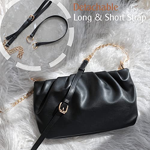 Women Ruched Shoulder Handbag Cloud Pouch Hobo Bag Convertible Clutch Soft Vegan Leather Cross body Bag - color: Black