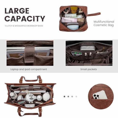 LOVEVOOK Laptop Tote Bag for Women,15.6 Inch Vintage Work Bag with Clutch,Large Leather Laptop Purse with Cup Holder for Teacher,Office - color: Brown, size: 15.6 inch