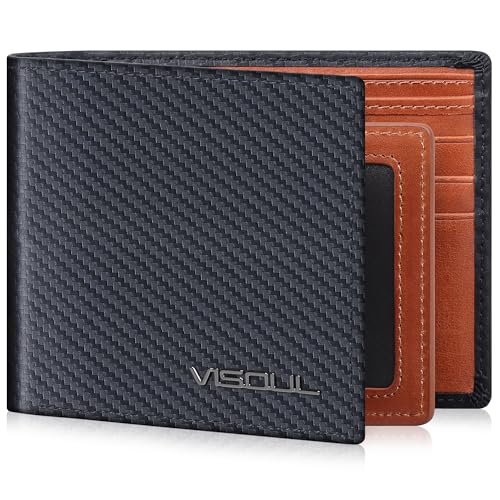 VISOUL Mens Bifold Wallet with 2 ID Windows Carbon Fiber Leather, RFID Blocking Wallet with 2 Money Compartments, Stylish Two-tone Back Pocket Wallet for Men (Black+Orange) - color: Black+Orange