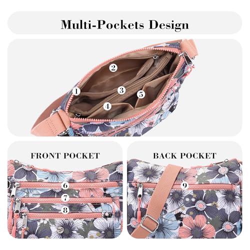 AOCINA Nylon Crossbody Bags for Women Multi Pocket Cross Body Purses - color: Multi-colored Flowers, size: Small