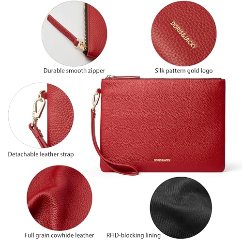 DORIS&JACKY Women Leather Clutch Purse and Phone Wallet with Wristlet Strap - color: Red