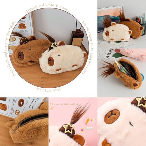 KEYDUACU Cute Water Cavy Pencil Case with Hairstyle Kit, Large Capacity Water Guinea Pig Cute Animal School Supplies Bag with Pencil Set & 10-Color Pen(Beige) - color: beige