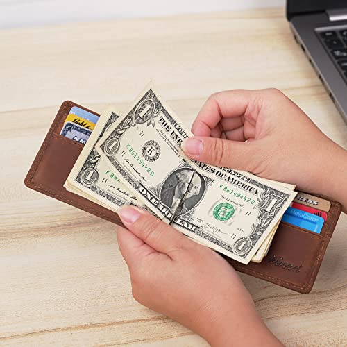 Slim Wallet with Money Clip RFID Blocking Minimalist Bifold Wallet for Men Genuine Leather Front Pocket Card Holder - color: AS260 - Khaki (Finger Groove)