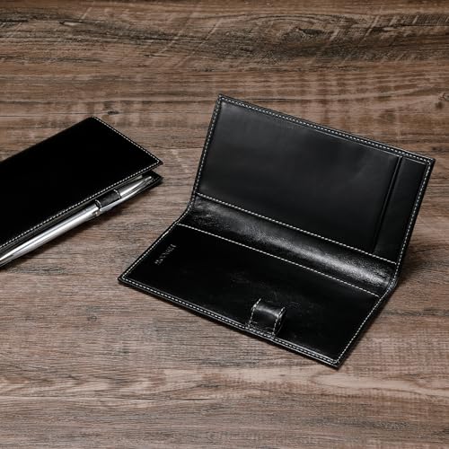 HISCOW Leather Checkbook Cover for Duplicate Checks with Pen Holder - color: Antiqued Black