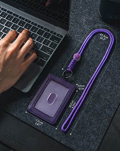 VULKIT ID Badge Holder with Lanyard for Women and Men Vertical Leather Badge Holder with Clear ID Window Card Holder Slot and Money Pocket Purple - color: Purple