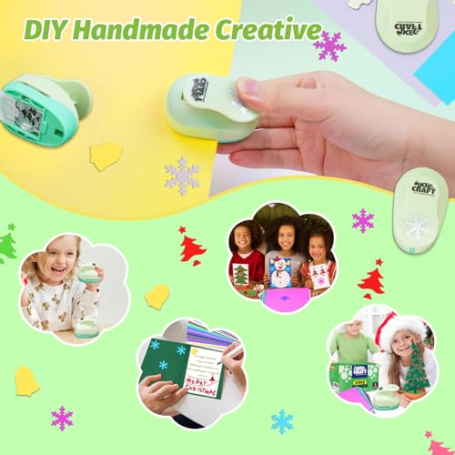 Hole Punch 1 Inch Craft Christmas Snowflakes Bells Shapes with 30PCS Paper | Hole Puncher for Crafts Set with Craft Paper Cardstock, Mix Shape Designs Hole Puncher for Kids for Crafting Scrapbooking - style: 3 Diffrent Shapes Punch & 30 Craft paper