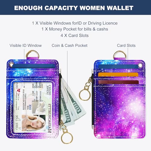 Slim Wallet Credit Card Holder, Starry Sky, RFID Wallet Women Cute Small Front Pocket Wallet With Zipper, PU Leather Thin travel RFID Blocking Card Case ID Window,Ladies Gifts - color: Starry Sky
