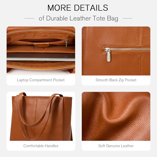 Genuine Leather Tote Bag for Women, Large Womens Shoulder Purses Work | Soft genuine cowhide leather, Large capacity fits 14" laptop compartment, Leather top handles with smooth zipper - color: Brown