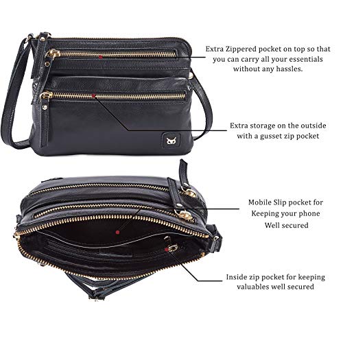 Small Leather Crossbody Bag for Women Adjustable Sling Purse Multi Pocket | Genuine Top Grain Leather, 4 Zip Pockets, Cross Over for Travel, Gift for Women, Phone Pocket - color: Black Nappa