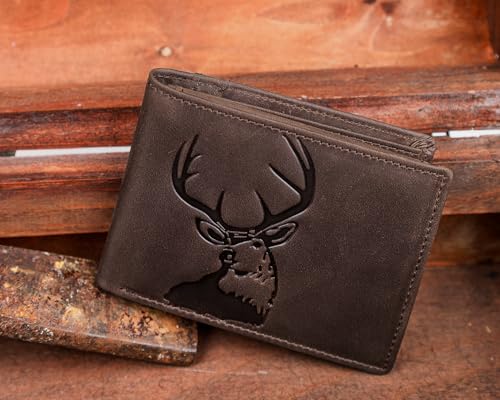 DK86 Wallet for Men Slim Rfid Bifold Genuine Leather 2 ID Window With Gift Box (vintage coffee with deer) - color: vintage coffee with deer