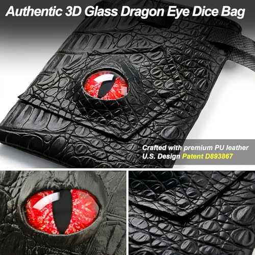 Haxtec Dragon Dice Bag, PU Leather Pouch with 3D Glass Dragon Eye | Drawstring, DND Dice Bag, For Dungeons & Dragons, D&D Gifts for Dragon Gamer and Lovers, Small, Patent D893867 - color: Red White, size: Small
