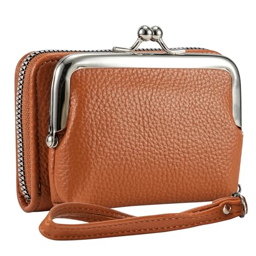 Women's Wristlet Wallet, Card Holder & Coin Purse, Small Change Purse | Small change purse for coins, small coin purse for women, wrist wallets for women, coin pouch, zip no kiss lock coin purses - color: Brown