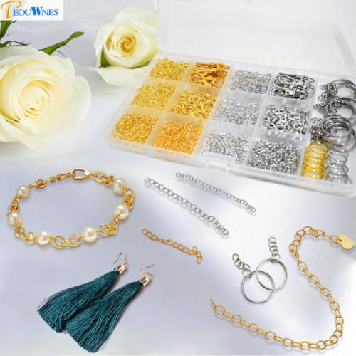 968pcs Jump Rings for Jewelry Making Kit, PEOUWNES Gold & Silver Keychain Rings with Lobster Clasps, DIY Bracelet Necklace Charms Supplies (Multi-Use Craft Set) - color: Gold and Silver