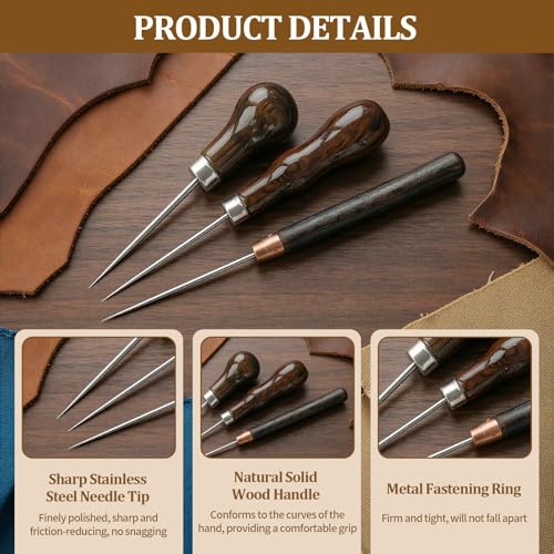 6PCS Awl Tool Set,3 Styles Wood Handle Leather Scratch Awl Tool for Punching Craft Repair,DIY Leather Sewing, Bookbinding,Crafts Wood - color: 6PCS