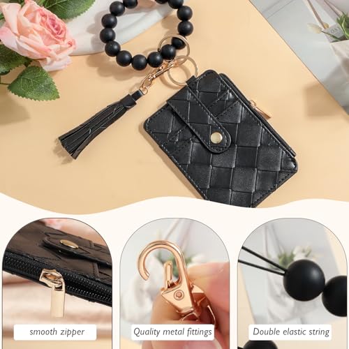 Snycler Solid color Beaded Wallet Wristlet Card Holder- Zip Card Wallet & Keychain with Tassel Accessory Gift - color: Black