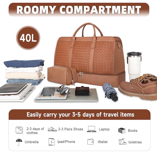 Bolosta Travel Duffle Bag for Men Women, PU Leather Duffel Bag for Traveling, Large Carry on Weekender Overnight Bag with Shoe Compartment, Perfect for Travel/Daily Use - color: C-Brown