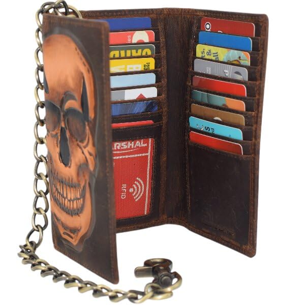 RFID Blocking Mens Tri-fold Long Style Crazy Horse Leather Steel Chain Wallet, (Skull Brown Painted Bright) - color: Skull Brown Painted Bright