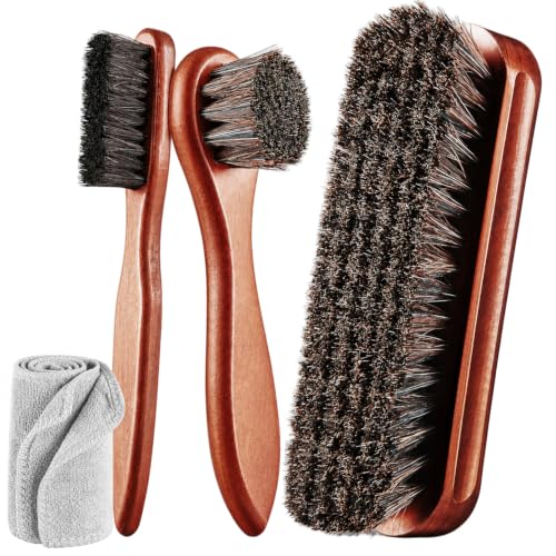 4-Piece Horsehair Shoe Shine Kit, Leather Care Set with Brush | Includes horsehair brushes, detailing brush and microfiber cloth for cleaning and polishing shoes, boots & leather goods