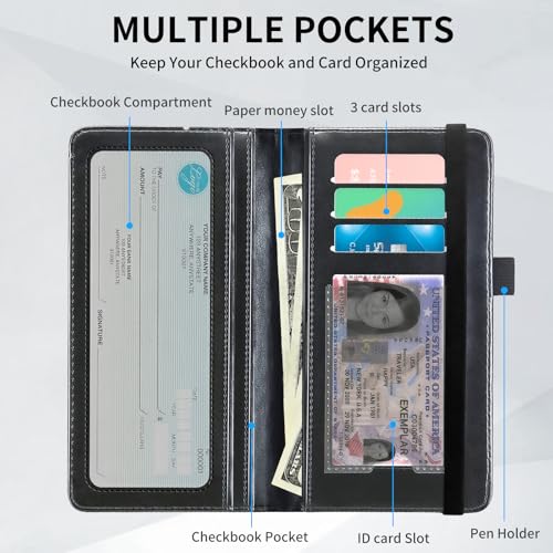 Checkbook Cover for Women and Men, RFID Blocking PU Leather Checkbook Holder Wallet Case with Elastic Strap & Multiple Card Slots, for Checks and Cards, Cute Cartoon Panda - color: Cute Cartoon Panda