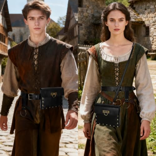 Renaissance Belt Pouch Medieval Pirate Costume Accessories Set for Cosplay | Viking Faux Leather Waist Bag, Skirt Hike Clips, Perfect for Women and Men Ren Faire, LARP, Fantasy, Halloween - color: Black-J