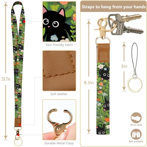 bolimoss Cute 2-in-1 ID Badge Holder & Lanyard Wallet, Black Cat Floral Wallet with Removable Wristlet & Neck Lanyard, Clear Window, 5 Card Slots, 1 Side Zipper Pocket, Ring Keychain - color: Black Cat Flower