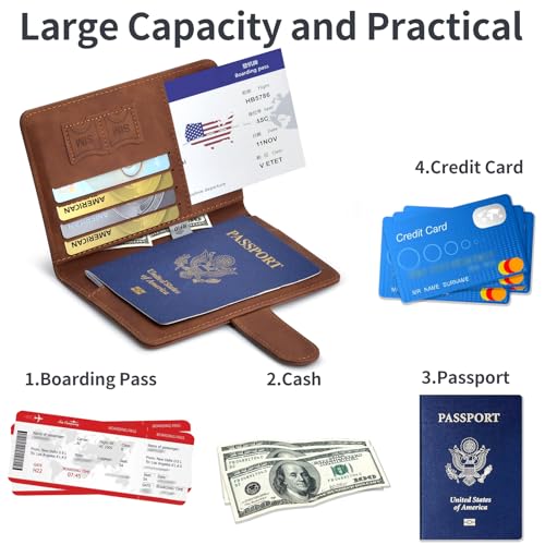 Passport Holder, Passport Cover with Credit Card Slot and Boarding Pass Slot Combo, Passport Wallet Case Book Travel Must Have, RFID Blocking Leather Travel Accessories, Brown - color: Brown