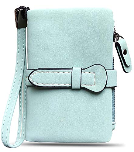 AOXONEL Women's Small Bifold Leather wallet Rfid blocking Ladies Wristlet with Card holder id window Coin Purse - color: Light Green3