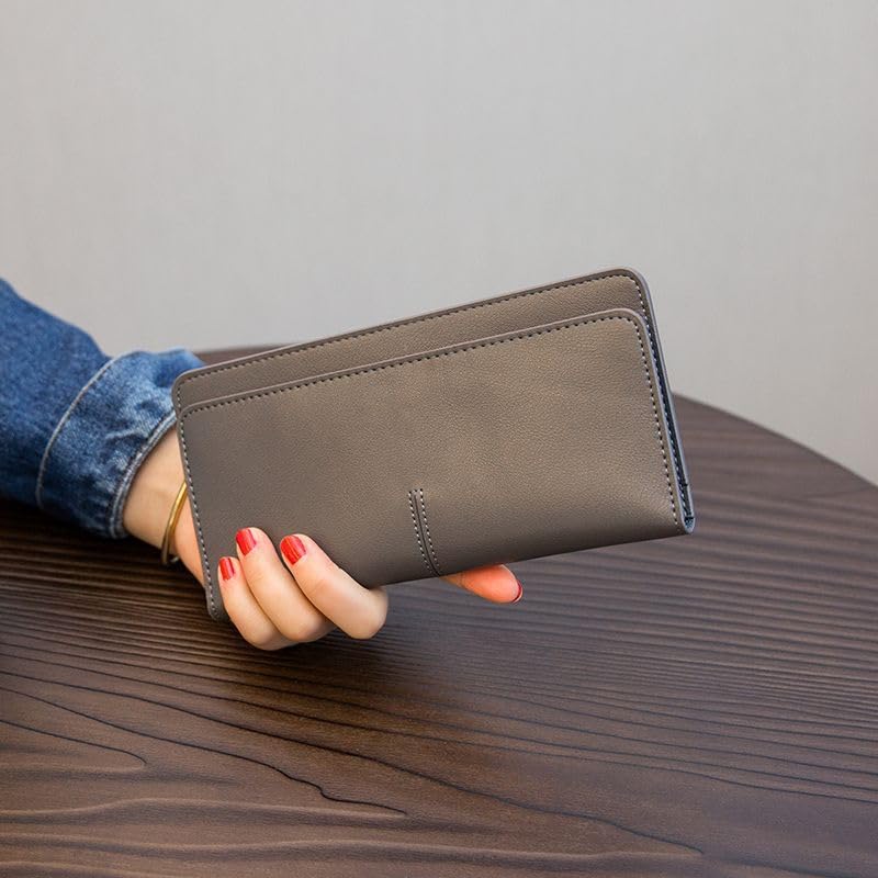 Long Slim Leather Wallet, Ultra Thin Soft Card Holder with Snap Closure, Minimalist Bifold Wallet for Men and Women (Grey) - color: Grey