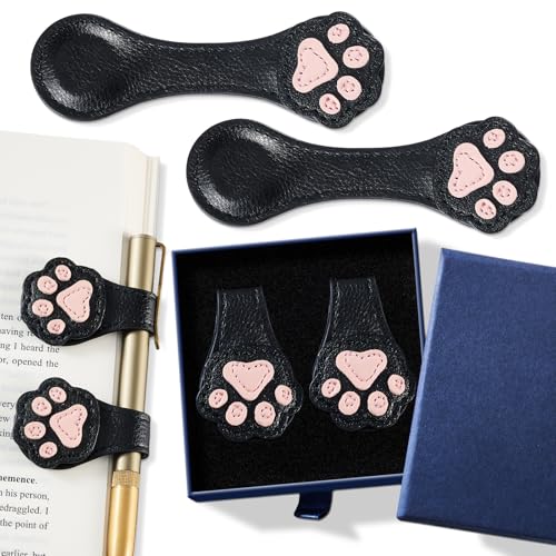 Ovesmusl 2Pcs PU Leather Paw Magnetic Bookmarks with Pen Holder | Black and black set with double-sided magnets, gift box included, for books, notebooks, magazines, readers and teachers - style: Paw (Black+Black)
