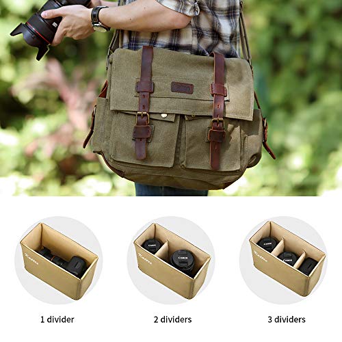 Kattee Vintage Leather Canvas DSLR SLR Camera Bags for Men | Leather & canvas, vintage. Adjustable padded dividers fit DSLR/lenses. Card pockets. Ideal for travel, office & daily - color: Light Green