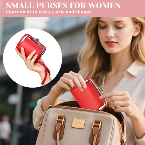 Women's Wristlet Wallet, Card Holder & Coin Purse, Small Change Purse | Small change purse for coins, small coin purse for women, wrist wallets for women, coin pouch, zip no kiss lock coin purses - color: Red
