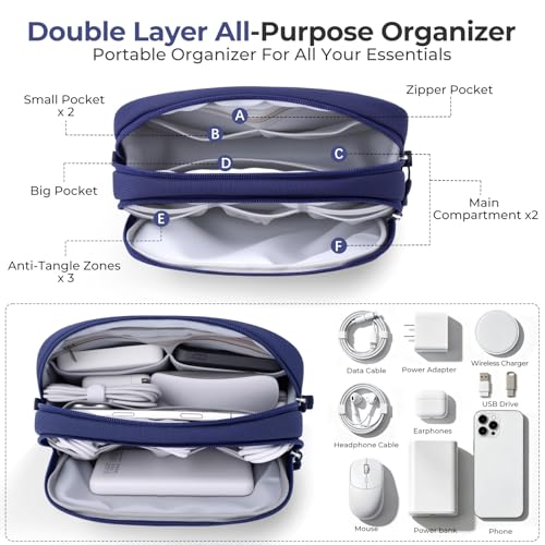 Skycase Travel Cable Organizer - Lightweight Water Resistant Dual-Layer Tech Pouch with Wrist Strap 9 Compartments Electronic Organizer Travel Case for Charger Cord Hard Drive,Small,Blue - color: Blue, size: S