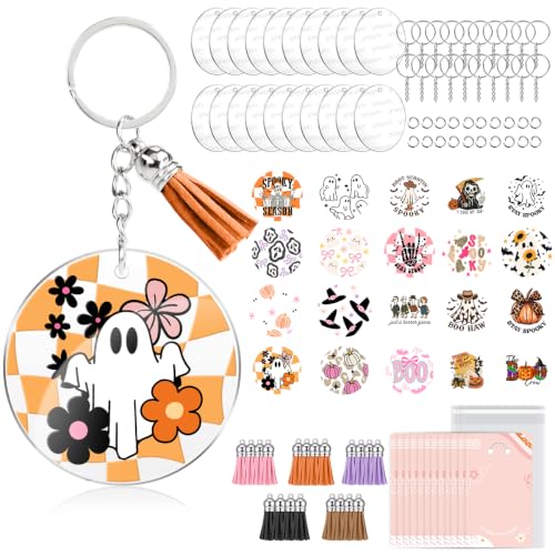 YOPPIX 140 PCS Acrylic Keychain Blank Set, Halloween Ghost Double-Sided UV DTF Stickers Acrylic Keychain Making Kits for Vinyl DIY Craft Project - color: Halloween