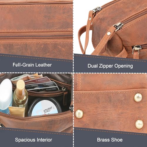 Rustic Town Leather Wash Bag for Men - Travel Toiletry Bag - Shaving Dopp Kit Toiletries Organizer - Leather Makeup Bag for Women | Main Compartment, Interior & Exterior Zip Pockets, YKK Zippers, Waterproof Lining; TSA Carry-On; Gifts for Him, Brown - col