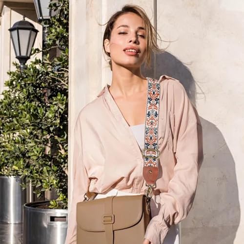 Purse Strap Replacement Crossbody Adjustable Bag Strap Retro Jacquard Embroidery Wide Shoulder Strap for Women Handbags - color: Navy Brown Flowers