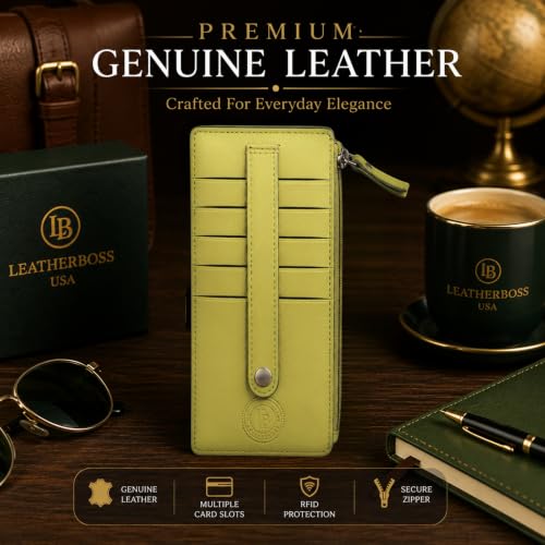 Leatherboss Genuine Leather Women's All in One Credit Business Card Case Holder Slim Zipper Wallet With a Card Protection Strap, Lemon - color: Lemon