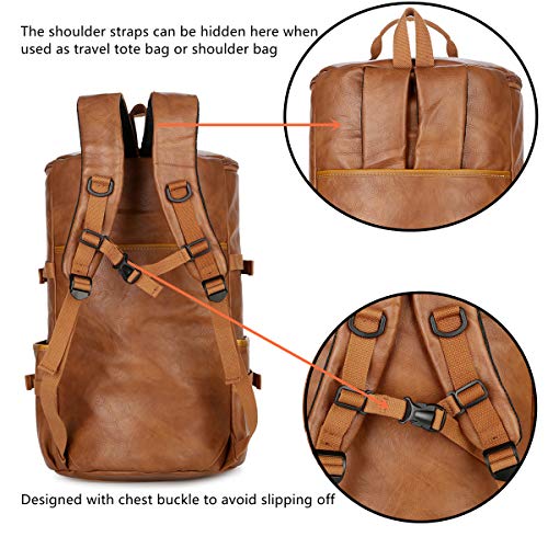 Baosha Stylish Vegan Leather Men Weekender Travel Duffel Tote Bag Backpack Travel Hiking Rucksack Overnight Bag 3-Ways Convertible HB-26 (Brown) - color: Brown