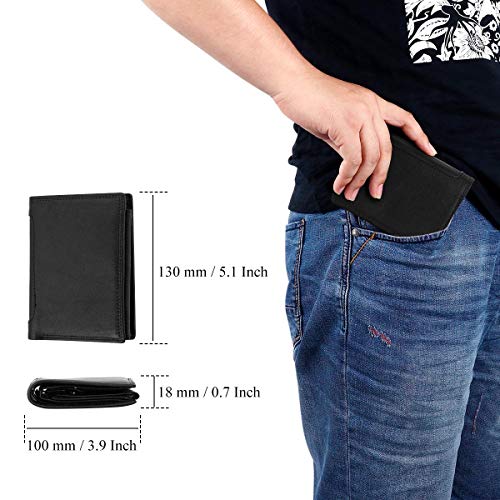 Trifold Billfold RFID Blocking Cowhide Leather Wallet for Men 10 Card Slots 2 ID Windows with Coin Pocket - color: Black